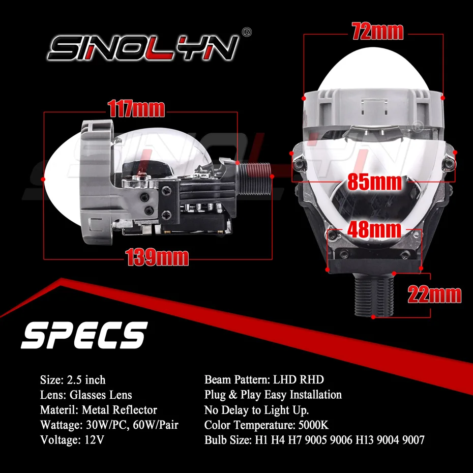  SINOLYN 2.5'' Bi-led Lens Projector Lenses In Headlights H7 H4 H1 9005 9006 LED Light Bulbs Car Acc - 4000166266860