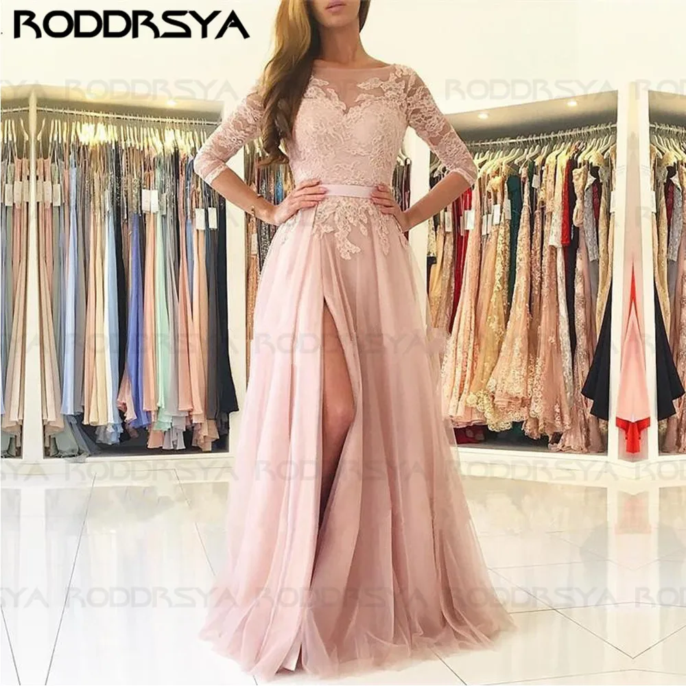 

Sexy Slit Lace Pink Evening Dresses 2021 3/4 Sleeves Applique Prom Gown Formal Sexy Backless Party Dress Vestido de festa longo