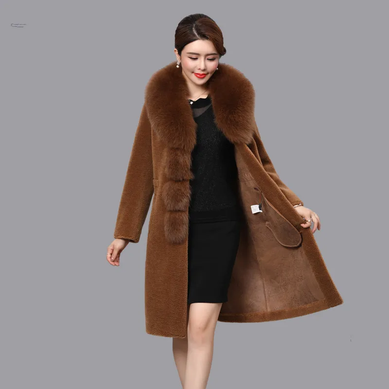

300% Wool Coat Female Real Fox Fur Collar Sheep Shearling Fur Winter Jacket Women Korean Long Coats Suede Lining MY3707