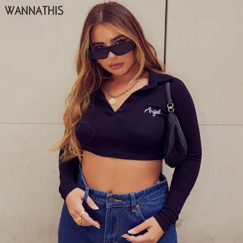 

WannaThis Turn-down Collar Women's T-Shirts Front Button Letter Embroidery Long Sleeve Crop Top Autumn Casual Streetwear Sexy