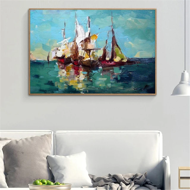 Abstract Landscape Oil Painting Sailboat On The Sea Canvas Poster Handmade Picture Wall Decor For Living Room Home Decoration 6