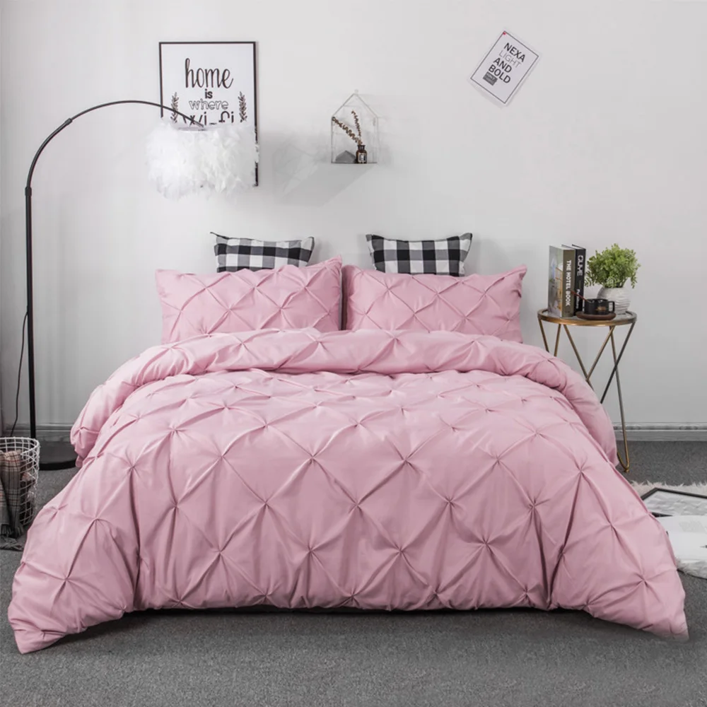

Softest Bedding Kit Pleated Style Home Textile Set Pure Color Pillowcase Quilt Cover With Double Sided Storage Pockets