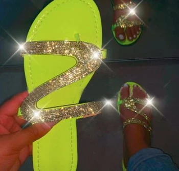 

Summer Women Sandals Sliver Crystal Shiny Slip-On Cut Out Ladies Flat Sandals Outdoor Holiday Slides 9060