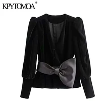 Винтажная элегантная бархатная куртка с поясом-бабочкой для женщин модная офисная одежда с v-образным вырезом и пышными рукавами женская верхняя одежда шикарные топы