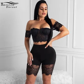 

Bonnie Forest Vintage Bustier Crop Top And Lace Insert Biker Shorts Set 2 Piece New Chic Lace Tracksuit For Women Rave Outfits