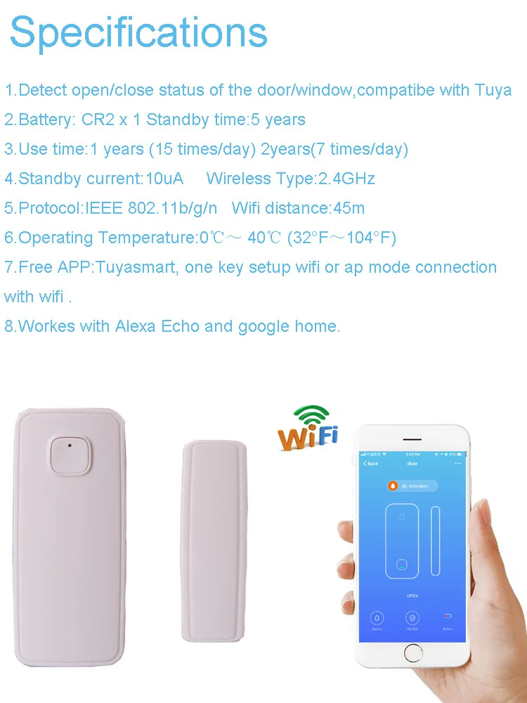 Беспроводная Wi-Fi дверная сигнализация, оконный датчик, умный дом, система безопасности, приложение SmartLife, управление Совместимо с Amazon Alexa Google Home