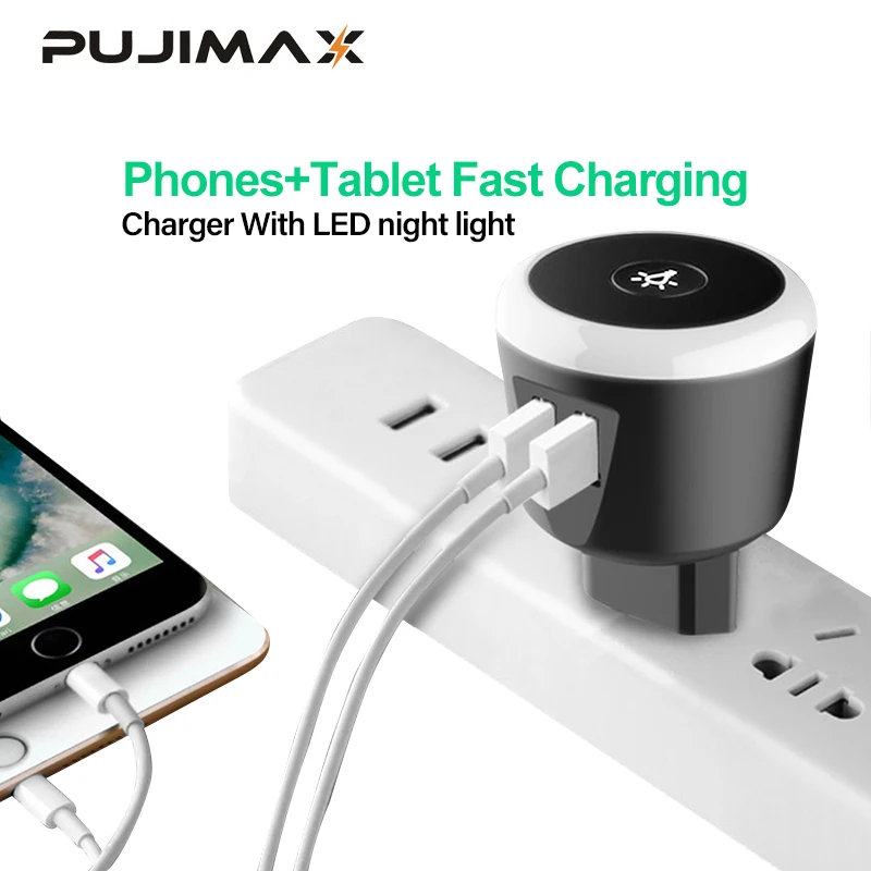 PUJIMAX 5V2. 4A умное зарядное устройство для путешествий с светодиодный Ночной светильник с двумя usb-зарядками для iPhone, samsung, Xiaomi, универсальное зарядное устройство для путешествий