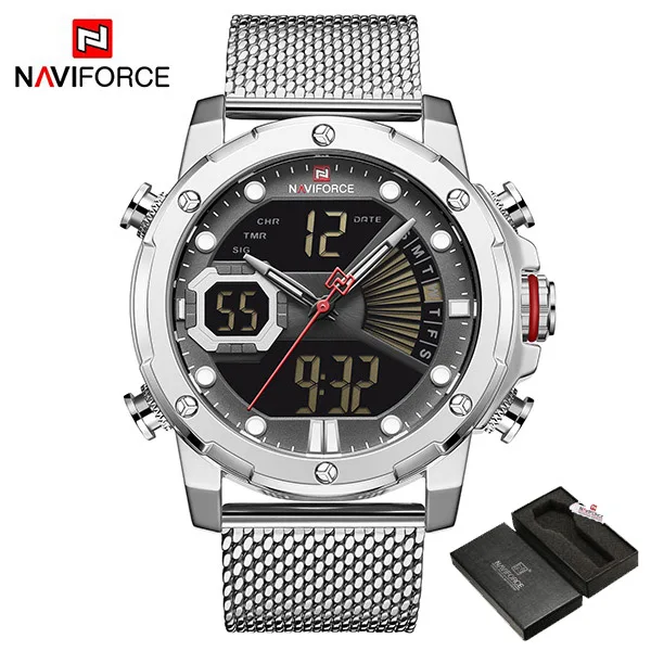 NAVIFORCE Топ бренд Lucury мужские часы спортивные часы из нержавеющей стали водонепроницаемые наручные часы Подарки для мужчин relogio masculino - Цвет: SilverBlackWithBox