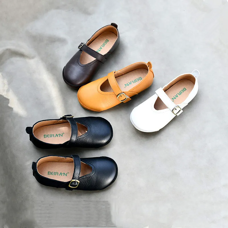  New children's shoes Geniune leather casual Soft cowhide  autumn new single shoes  princess college black Footwear