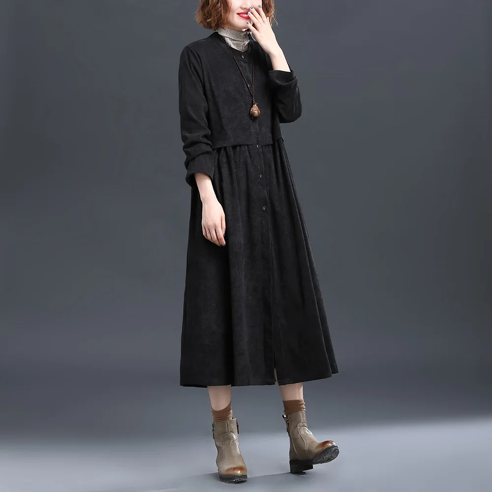 Вельвет размера плюс негабаритный винтажный Женский Повседневный Свободный Длинный осенний женский плащ верхняя одежда - Цвет: Черный