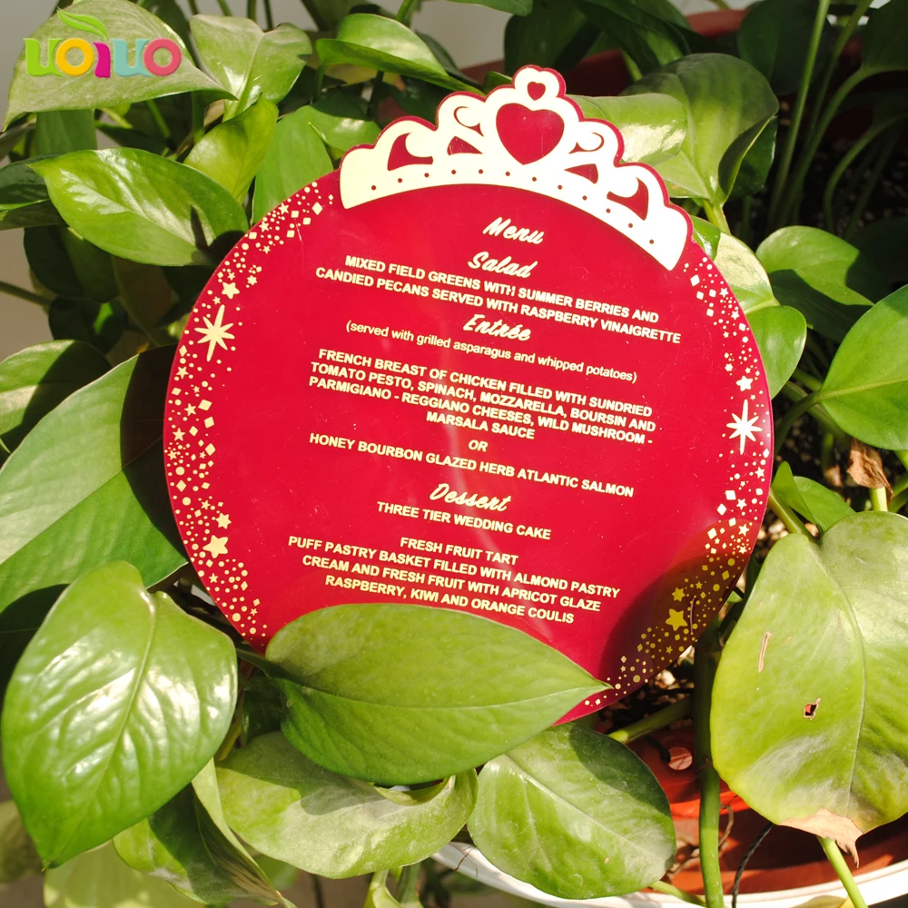 Бесплатный дизайн Заказная цветная печать круглая корона Акриловая Карта, бургундское Свадебное приглашение меню поздравление из оргстекла прозрачный