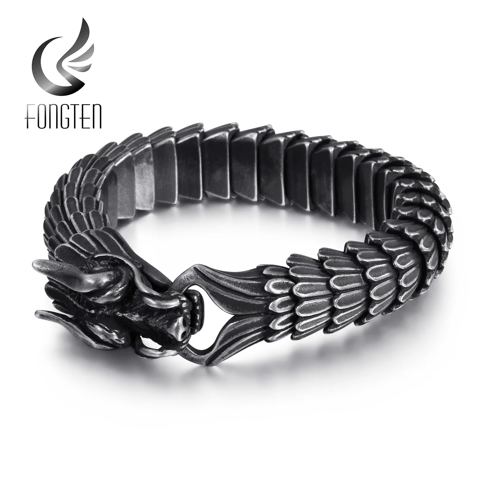 Fongten Dragon Link Chain Bracelet Men Biker Viking Stainless Steel Punk Mens Old Metal Vintage Bangles Jewelry Gift 2020