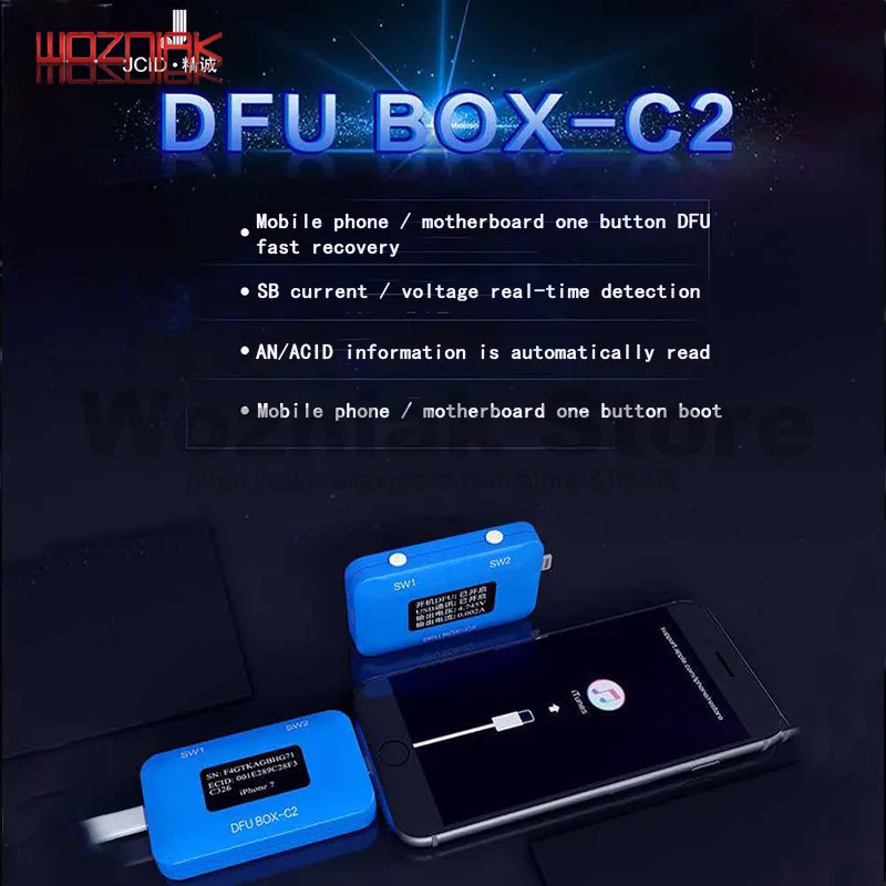 JC DFU BOX C2 Restoring Rebooting IOS Restore Reboot Instantly SN ECID MODEL Information Reading USB Current voltage Display