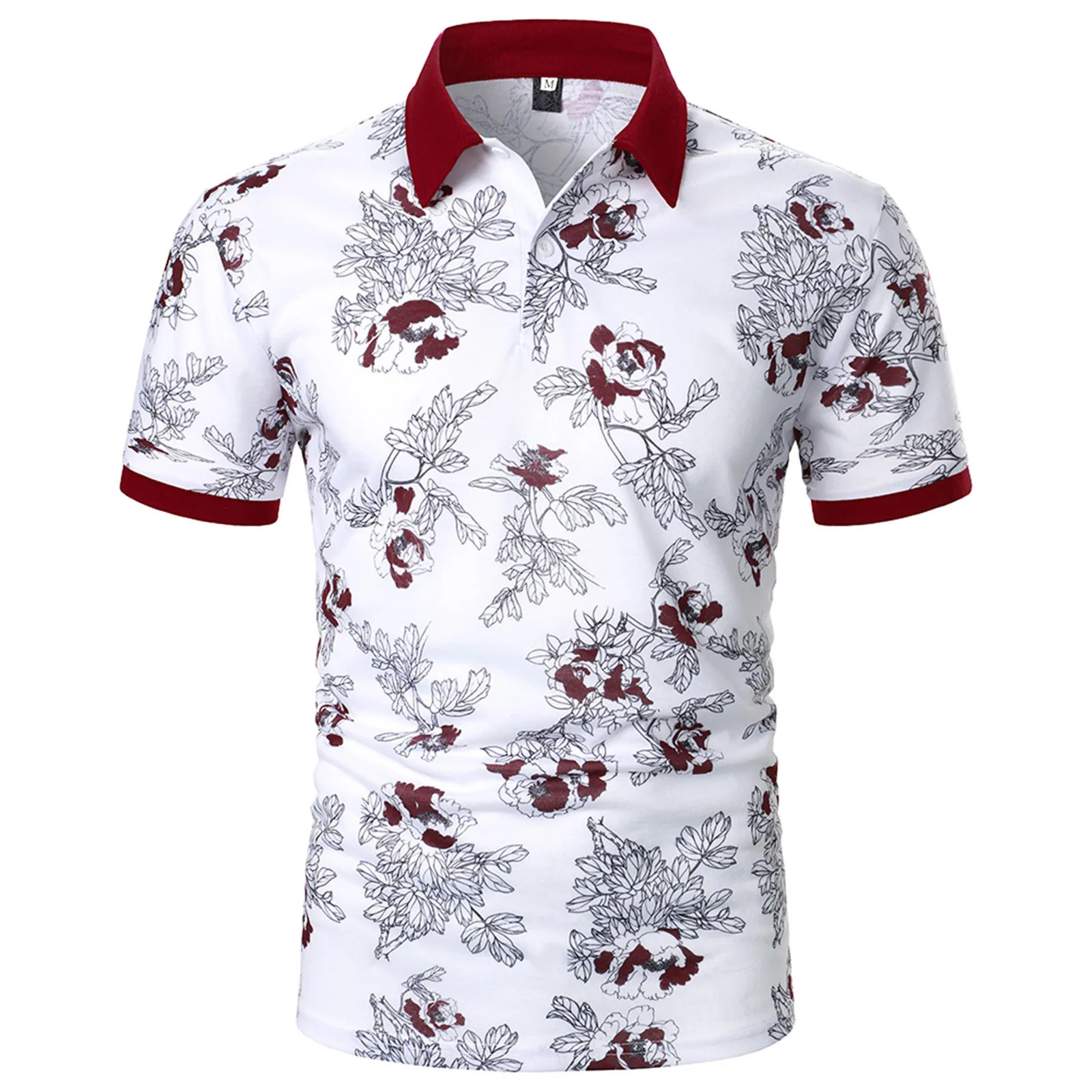 Men's Floral Polo Shirt Casual Button Short sleeved Turn Down Collar Shirt Vintage Slim Fit