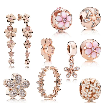 

925 pink gold sterling daisy flower prisoner screw collection earrings key English beads clip pendant jewelry charm