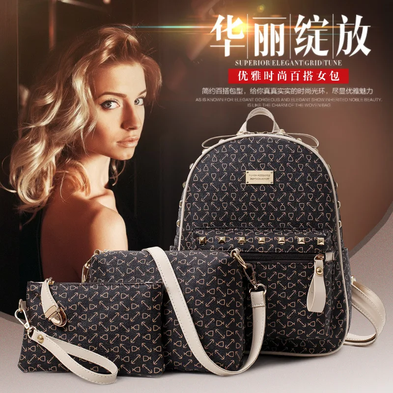

2017 New Style Europe And America Fashion WOMEN'S Backpack Arrowhead Pattern Three-piece Set Different Size Bags
