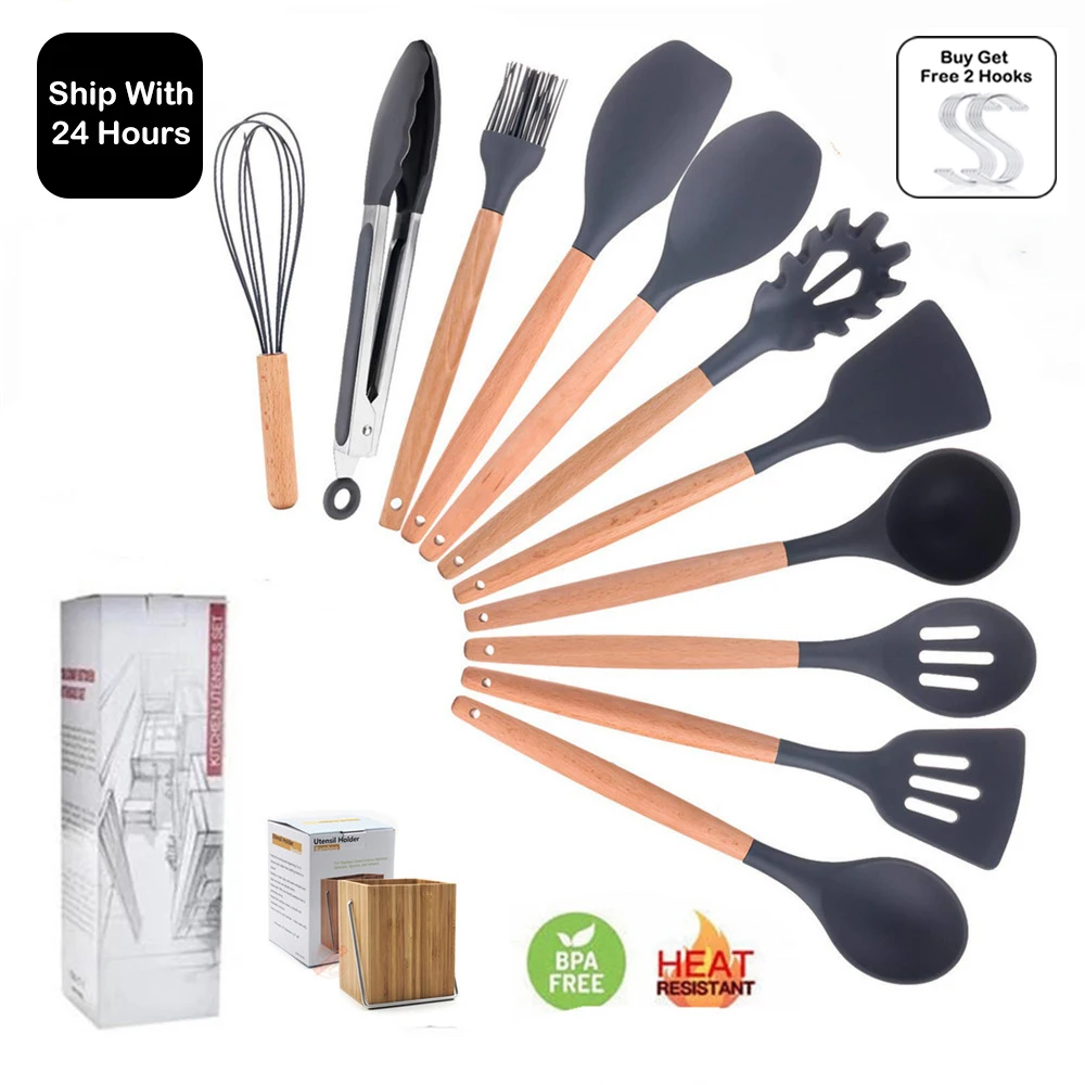 11PCS of Kitchen Utensils Set Cooking Tools Set Silicone with Holder Box Nonstick Spatula Wooden Cookware Appliances Kitchenware|Utensil Sets| - AliExpress