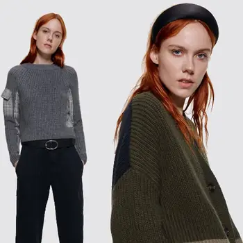 

2019 ZA Women's Sweater Fashion New Winter Pockets Stitching Cardigan Bohemian Women's Long-sleeved V-neck Knit Cardigan Party