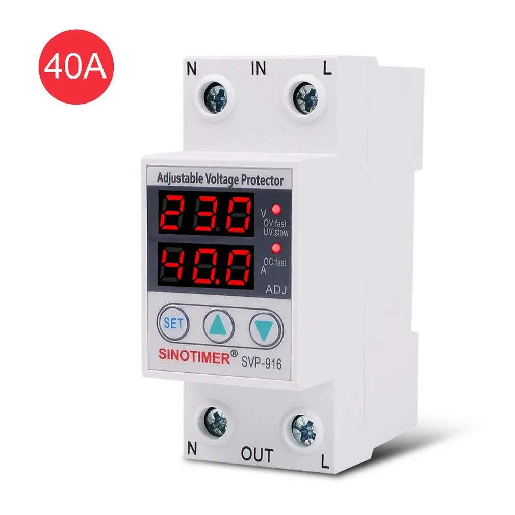 

SINOTIMER SVP-916 230V 40A/63A Adjustable Auto-recovery Under/Over Voltage Protector Relay Breaker Protective Device With LED