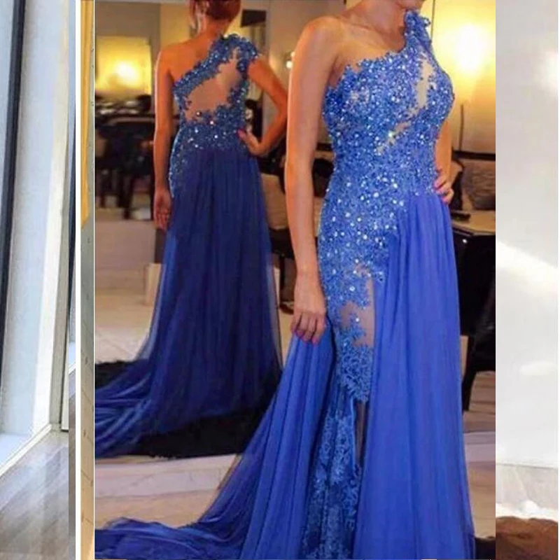 

Blue Evening Dresses Long 2019 Chiffon Lace Crystal Beading See-Through Formal Gowns Party Dress One Shoulder Evening Dress