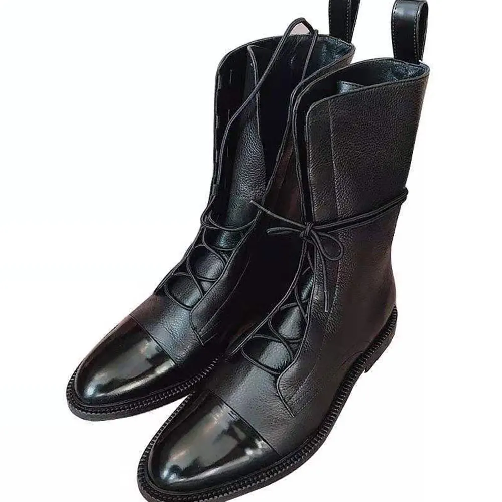 

Women's Flat Boots Lace Black Flat Boots Handsome Motorcycle Martin Boots Women's Boots British Wind Skinny Boots