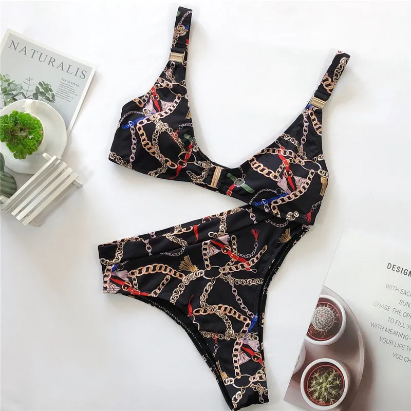 Swimwear Lady Print High Waist Bikini Swimsuit Women Push Up Buckle Bikini Set Two Piece Brazilian Bathing Suit Biquini Female Swimwear Lady Print High Waist Bikini Swimsuit Women Push Up Buckle Bikini Set Two Piece Brazilian Bathing Suit Biquini Female