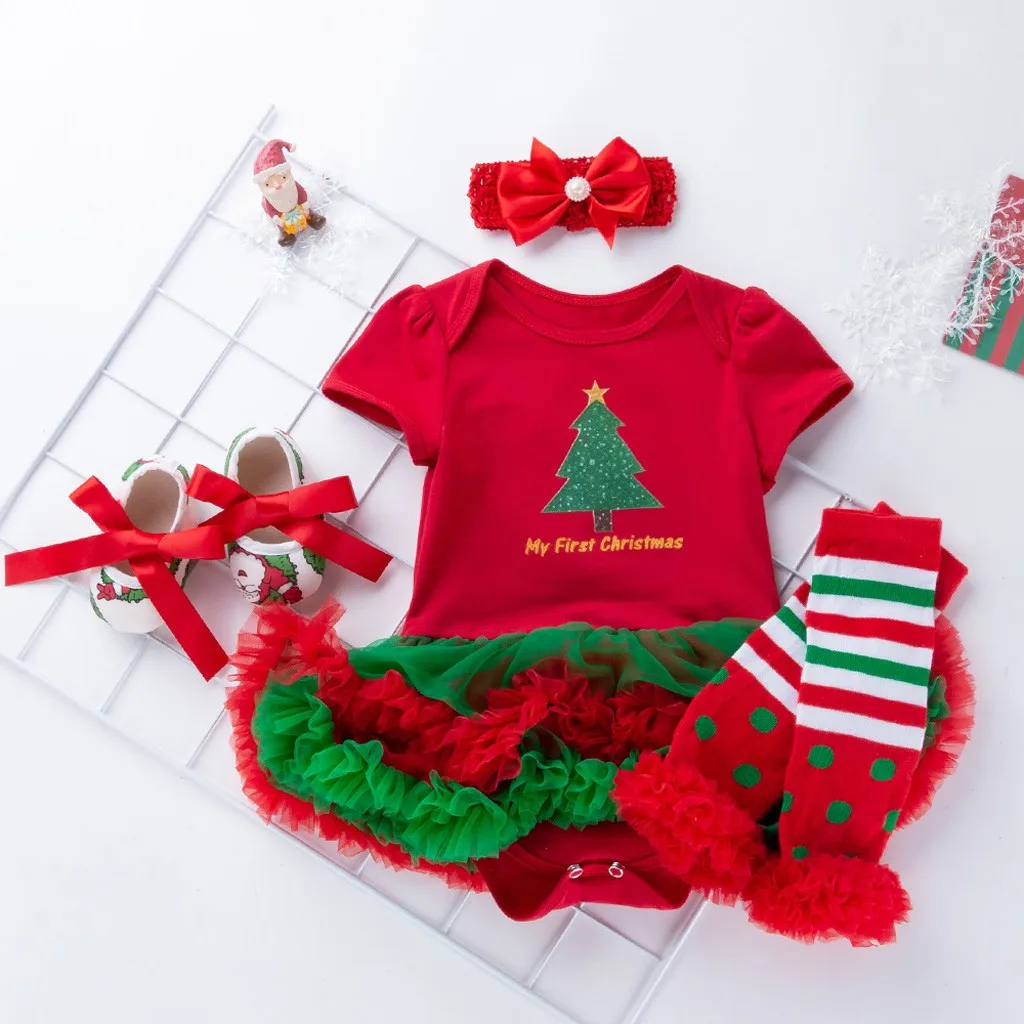 Одежда для маленьких девочек; сезон осень-зима; Новинка; комплект из четырех предметов с короткими рукавами и принтом рождественской елки; платье для маленьких девочек