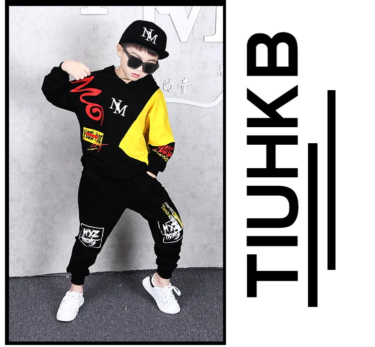 Одежда для детей костюм в стиле хип-хоп Новинка года, осенняя повседневная детская одежда с капюшоном, с длинными рукавами и надписью, с капюшоном, для мальчиков, 2 предмета, свободная спортивная одежда