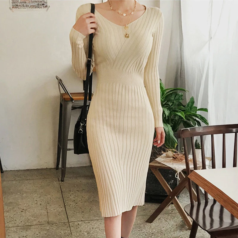 H Han queen однотонное Элегантное трикотажное эластичное облегающее платье для женщин зимние приталенные платья OL с длинным рукавом карандаш Vestidos