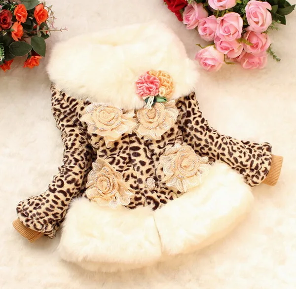 

Leopard Fur Princess outerwear Jacket Children's Faux Fur Coat Winter Outerwear Thickening peony flower Pattern Girls Fur Coat