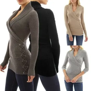 

Women's Winter Long Sleeve Sexy Wrap V Neck Knitted Tops Slim Fit Sweater Jumper Blouse Solid Color Leisure Fashion Trend