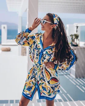

2020 Summer New Beach Cover Ups Boho Style Women Long Sleeve Kaftan Tunic Beach Dress Summer Robe De Plage Cotton Pareo