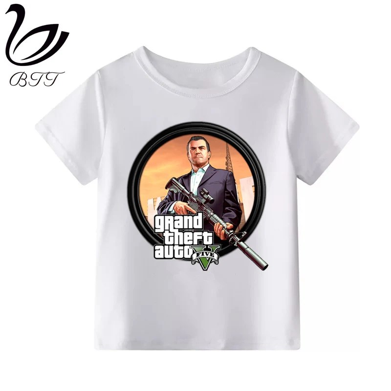 Футболка для мальчиков с принтом «Grand Theft Auto GTA»; забавная футболка с героями мультфильмов для детей; летняя детская одежда; футболка; топы с героями мультфильмов - Цвет: F