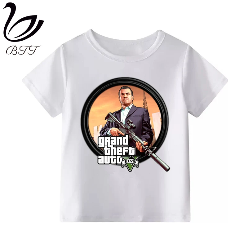 F Футболка для мальчиков с принтом «Grand Theft Auto GTA»; забавная футболка с героями мультфильмов для детей; летняя детская одежда; футболка; топы с героями мультфильмов - Цвет: F