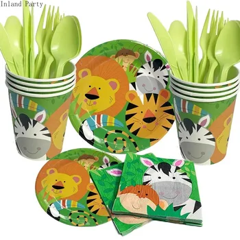 

16pcs Lion Zebra Tiger tableware set disposable paper plate cup Jungle animal for baby shower birthday decoration party supplies