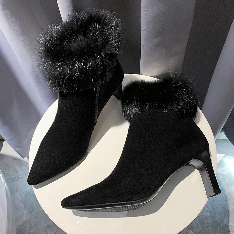 Черные, серые замшевые ботильоны на высоком каблуке г. Женские зимние полусапожки с острым носком, сохраняющие тепло, с мехом