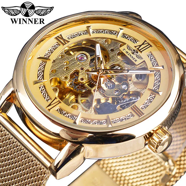 GMT1130-5 Winner мужские синие модные механические часы с ручным заводом, светящиеся стрелки из нержавеющей стали с сетчатым ремешком, деловые часы Montre Homme - Цвет: GMT1130-5