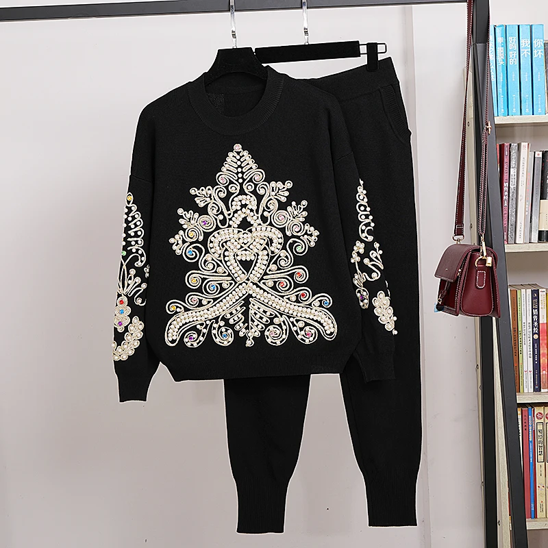 

Black Tracksuits Women Knitted Outfits Handwork Beading Embroidery Pullover Sweater Pencil Pants Set Female Loose Knitting Suit