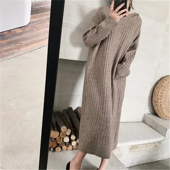 

2020 Autumn Winter Lazy wind Long Sweater Dress Women New Loose vertical stripes Hooded Knit Dress N1081
