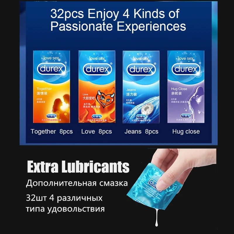 Cheap Durex Condoms 32 Pcs Box Natural Latex Smooth Lubricated Contraception 4 Types Condoms for Men Sex Toys Products Wholesale