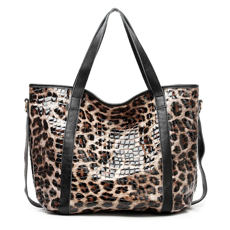 

Woman Print Bag 2019 Really Cowhide Leopard HandBags Vintage Nubuck Leather Ladies Large Shoulder Bag Female Top Handle Bags Sac