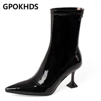 

GPOKHDS 2021 women soft ankle boots Patent Leather zippers boots winter short plush pointed toe high heels women boots