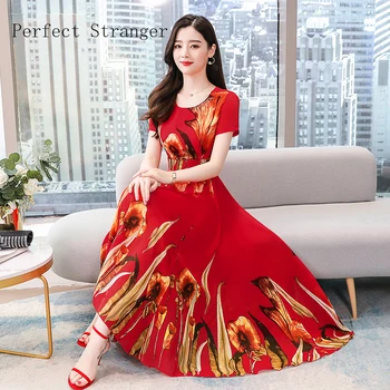 

2020 Summer New Arrival High Quality Short Sleeve O Collar Flower Printed Chiffon Women Long Dress Plus Size