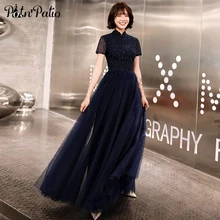 Винтаж с высоким воротом платье А-образного силуэта, длина в пол, тюль Темно-синие Вечерние платья Длинные элегантные блестками фатиновые платья для выпускного вечера с рукавами