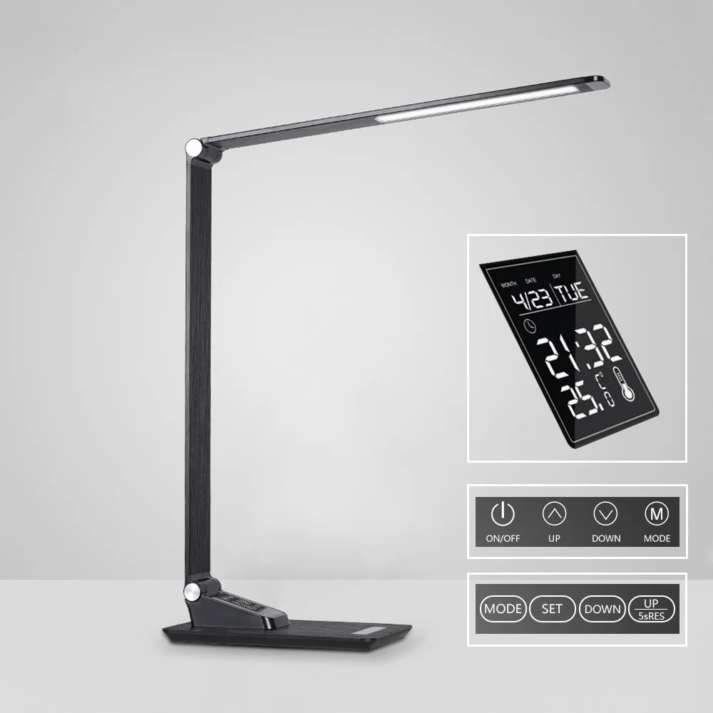 

Aluminum Alloy LED Desk Lamp with Clock Calendar Temp Display, Touch Control USB Charging Reading Lamp Office Light