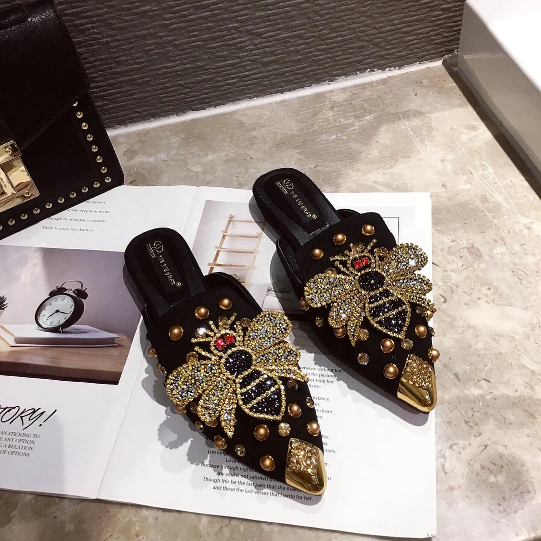 Sourcing Pointed Rhinestone Rivet Flat Women Slippers 2021 Slip-On Mules  Loafer Sandals Slides Beach Ladies Shoes Metal Bee Suede Females -  Dropshipman