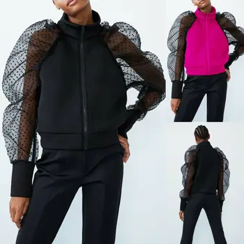 

Women 2019 Autumn Chic Black Long Dotted Mesh Puff Sleeve Jacket Female High Neck Semi-sheer Streetwear Fairy Lady Coat Outwears