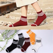 Теплые мягкие детские носки с тремя полосками для женщин; сезон осень-зима свободные носки-трубы с закругленным носком для девочек в Корейском стиле; милые носки; Прямая поставка