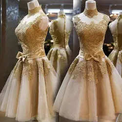 vestido de festa longo High Neck A Line Short Tulle with Bow Lace Applique Custom Made Prom Gowns 2018 bridesmaid dresses