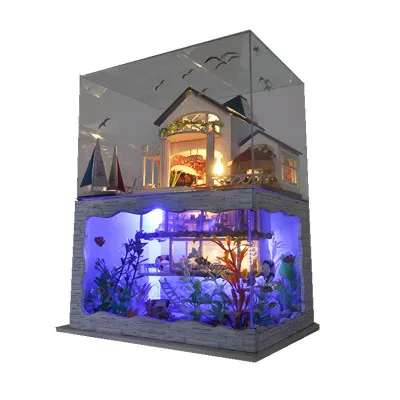 DIY 3D деревянная вилла у моря Кукольный дом романтический Гавайский assembb светодиодный кукольный домик Модель с светодиодный пылезащитный чехол микро пейзаж Игрушки для девочек - Цвет: Черный